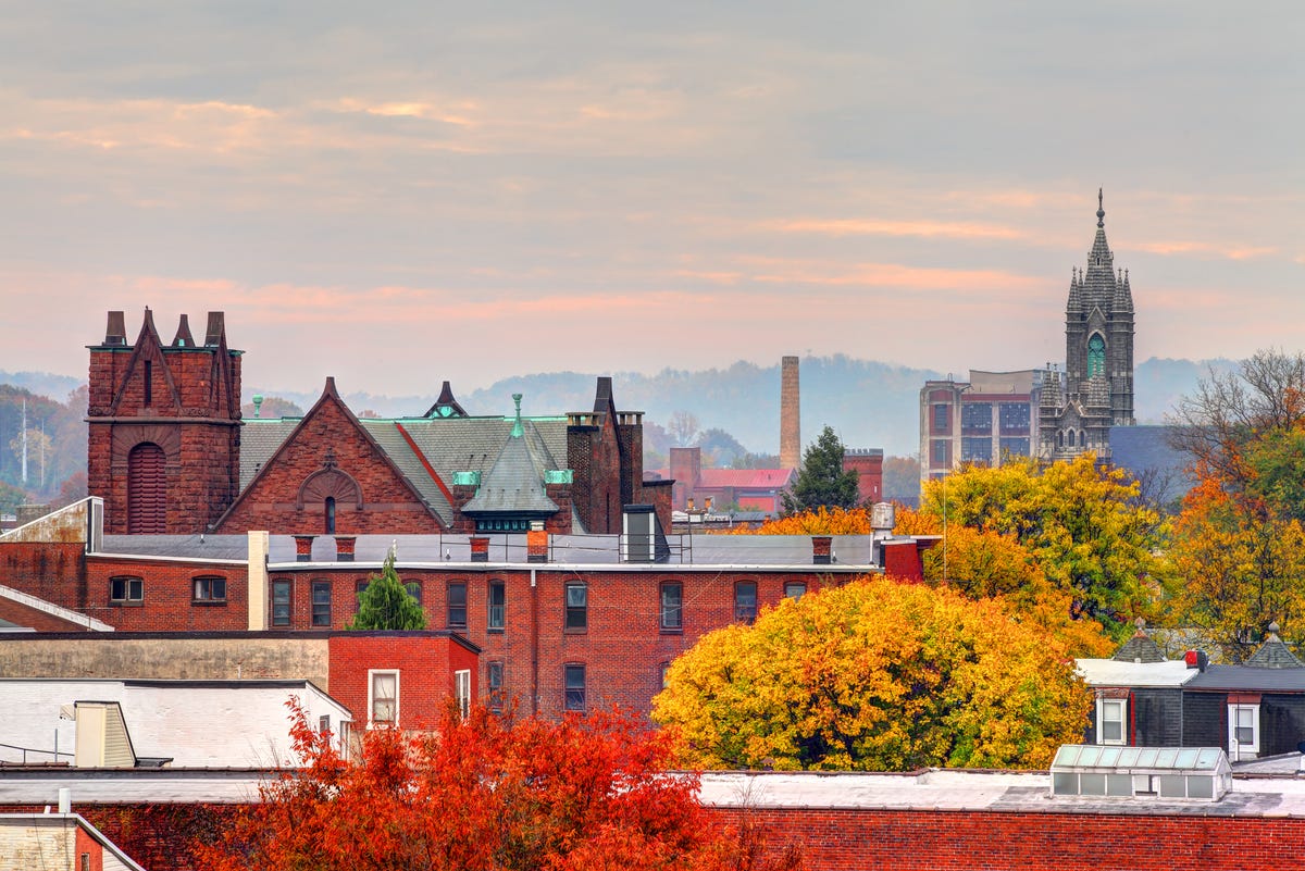 View of Reading, Pennsylvania skyline in autumn.