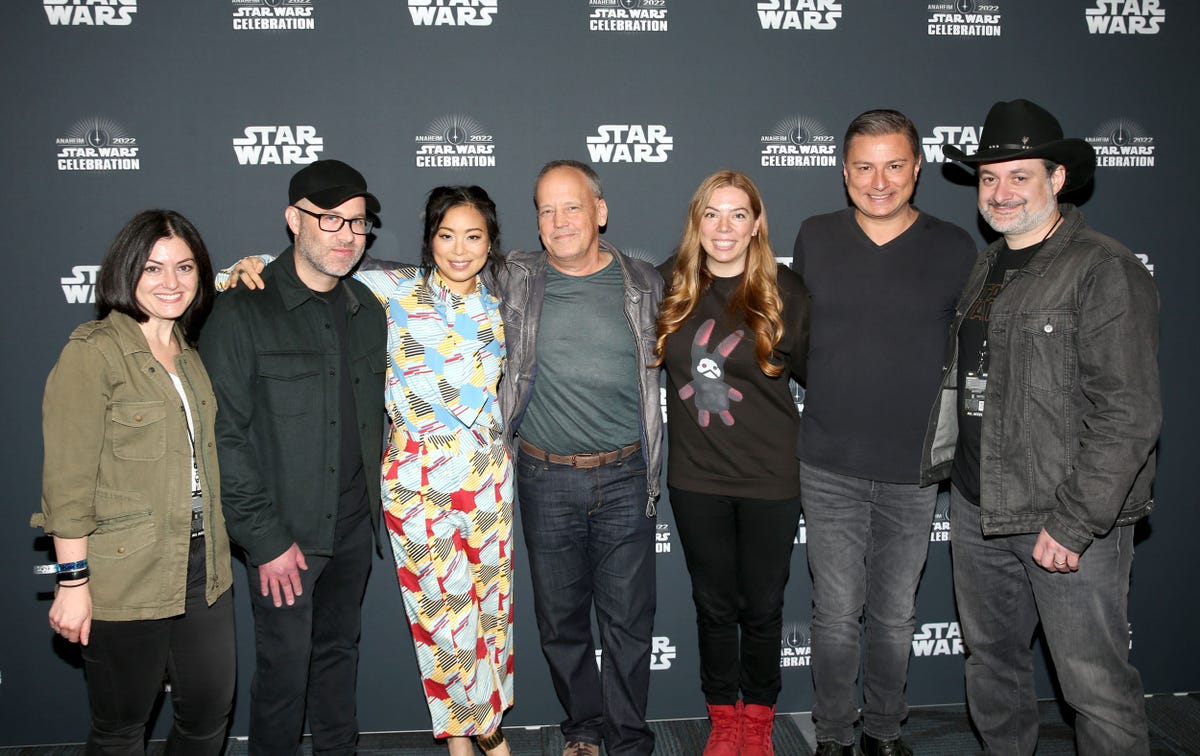 Star Wars: The Bad Batch's Carrie Beck, Brad Rau, Michelle Ang, Dee Bradley Baker, Jennifer Corbett, Matt Michnovetz and Dave Filoni pose at Celebration Anaheim 2022