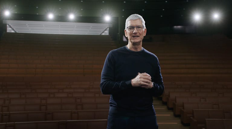 Tim Cook Steve Jobs Theater light camera action Apple Park