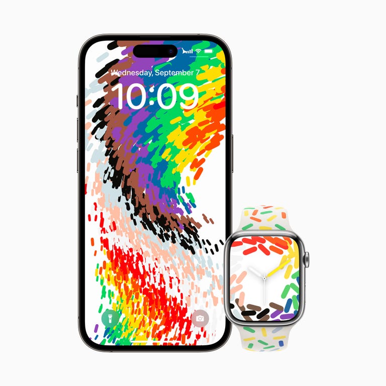 Apple iPhone and Watch with this year's pride band