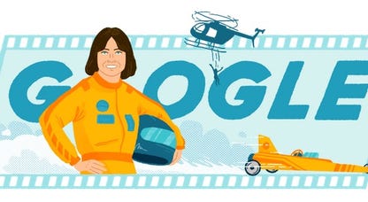 Google doodle showing a woman holding a racing helmet.