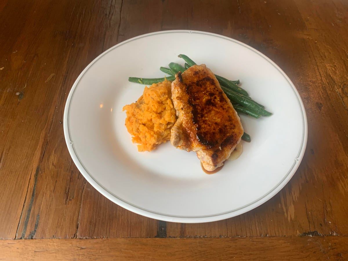 pork chop with sweet potato mash and green beans