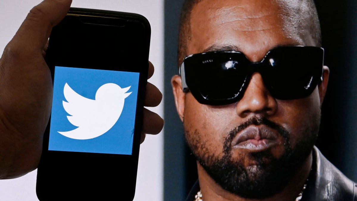 Kanye West and phone with Twitter logo
