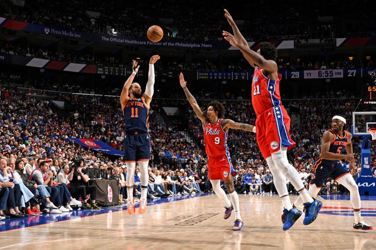 Jalen Brunson #11 of the New York Knicks shoots a three point basket during the game against the Philadelphia 76ers during Round 1 Game 4 of the 2024 NBA Playoffs