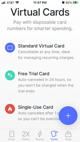 A "Virtual Cards" page in the X1 app displays three options for different types of virtual credit cards.