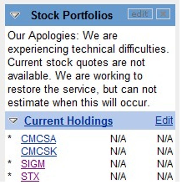 A CNET reader provided this screen shot of the stock-price display glitch.
