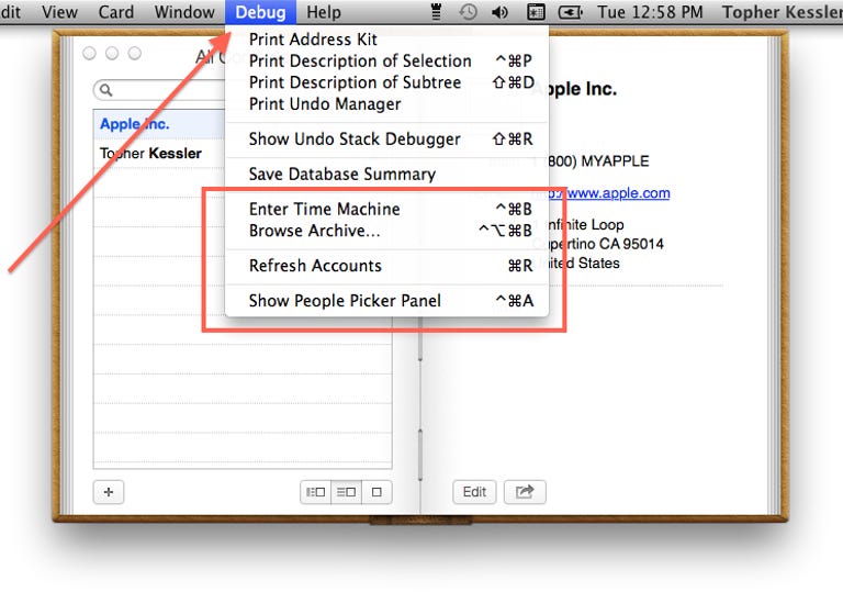 Debug menu options in OS X Contacts
