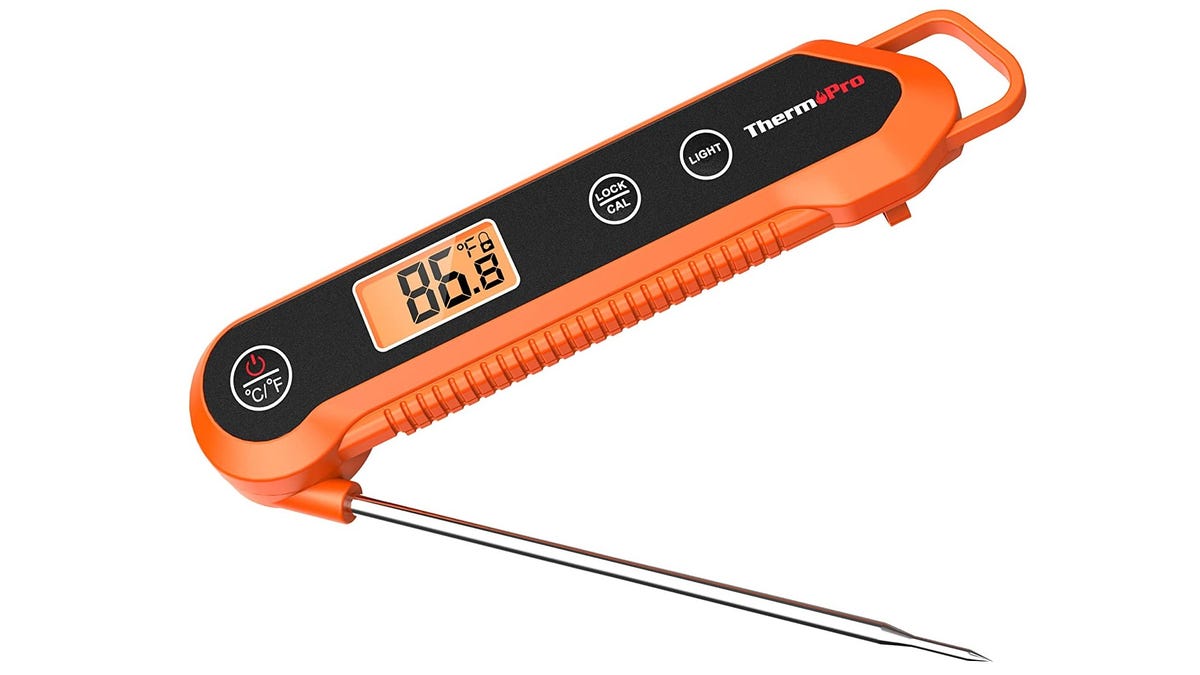 An orange ThermoPro meat thermometer against a plain white background.