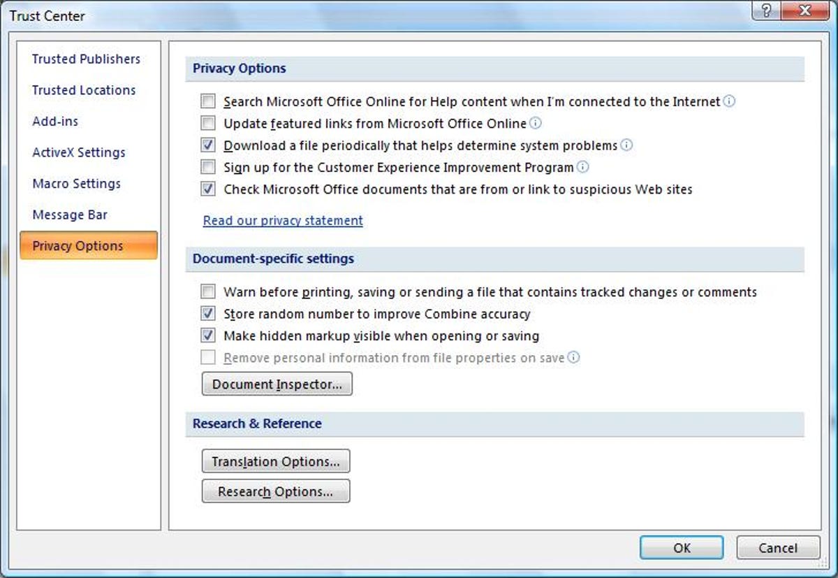 The Trust Center Settings window in Microsoft Office 2007