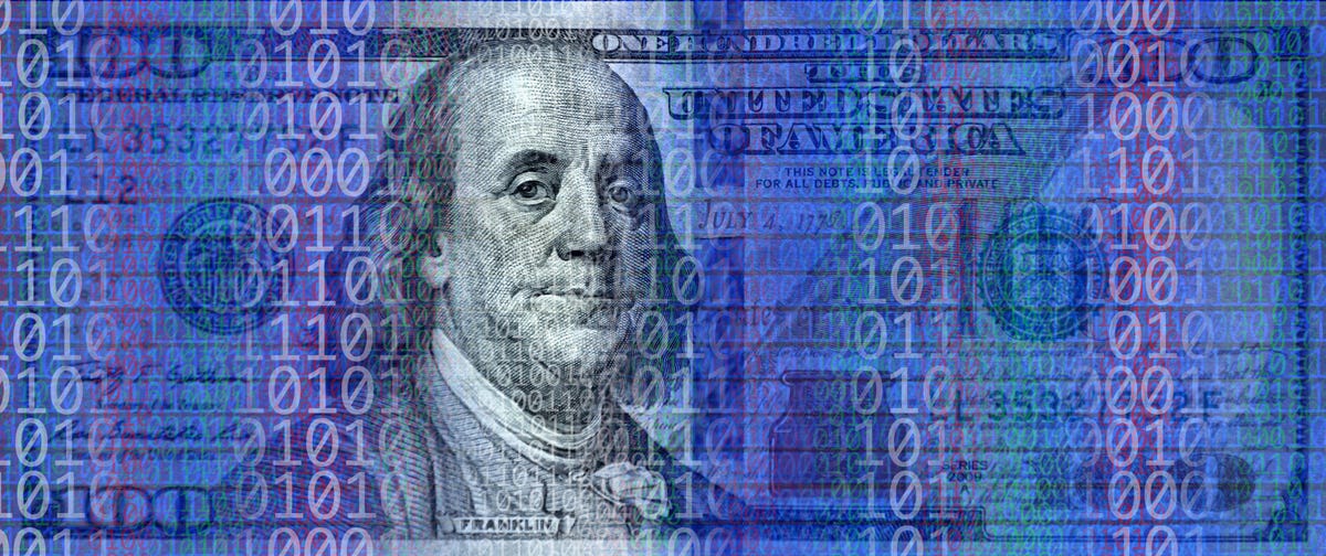 US $100 bill and binary code