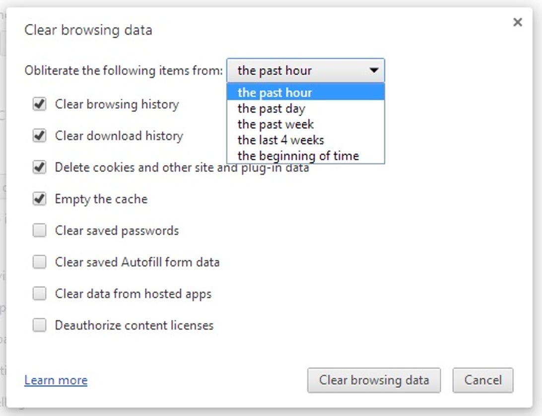 Google Chrome Clear browsing data options