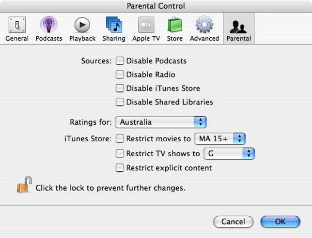 Parental controls in iTunes 7.1 has ratings for Australia, Canada, Ireland, New Zealand, UK and US
