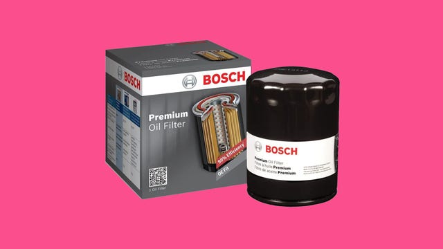 Bosch Premium Filtech engine oil filter displayed on a pink background