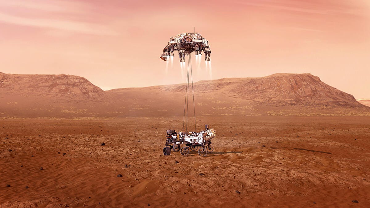 Artist's rendering of the Perseverance rover being lowered to Mars by a 