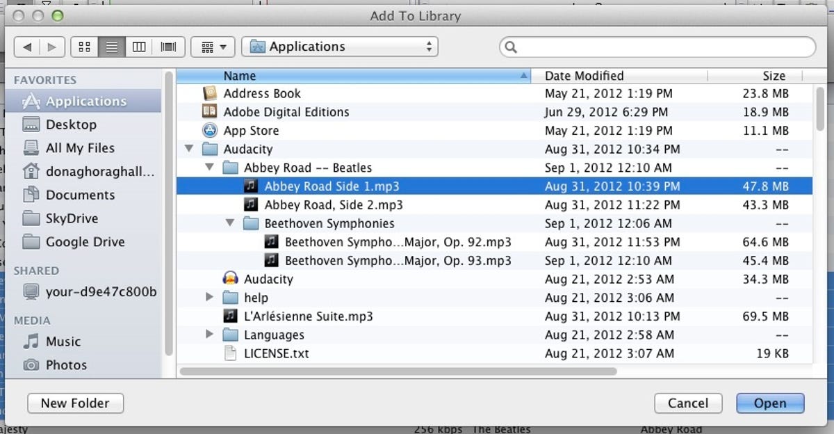 iTunes Add to Library window