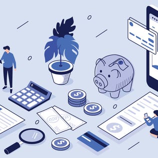 an illlustration of two people surrounded by tax forms, calculators, money and other financial items