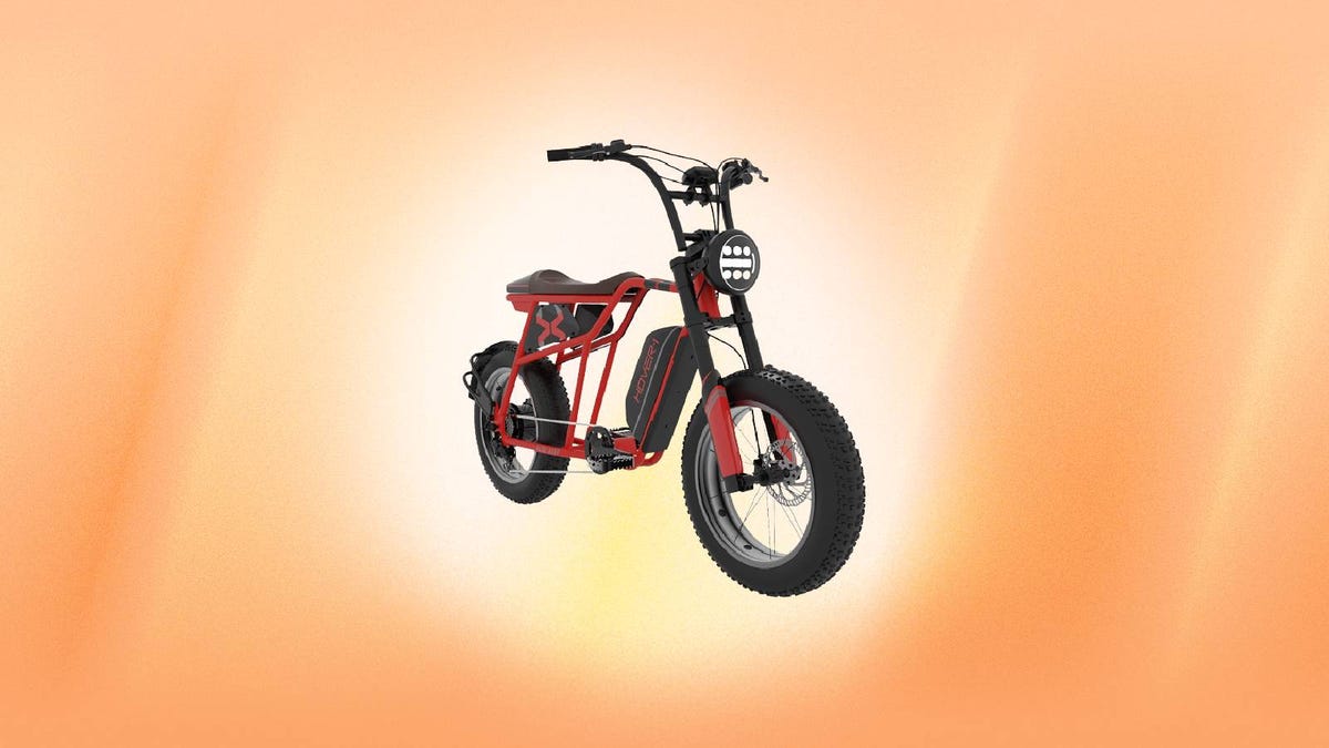 A black and red Hover-1 electric bike against an orange background.