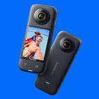 Two Insta360 X3 cameras side by side showing the front of one on the left with the new 2.3-inch touchscreen and controls and the rear of the camera on the right on a blue background.