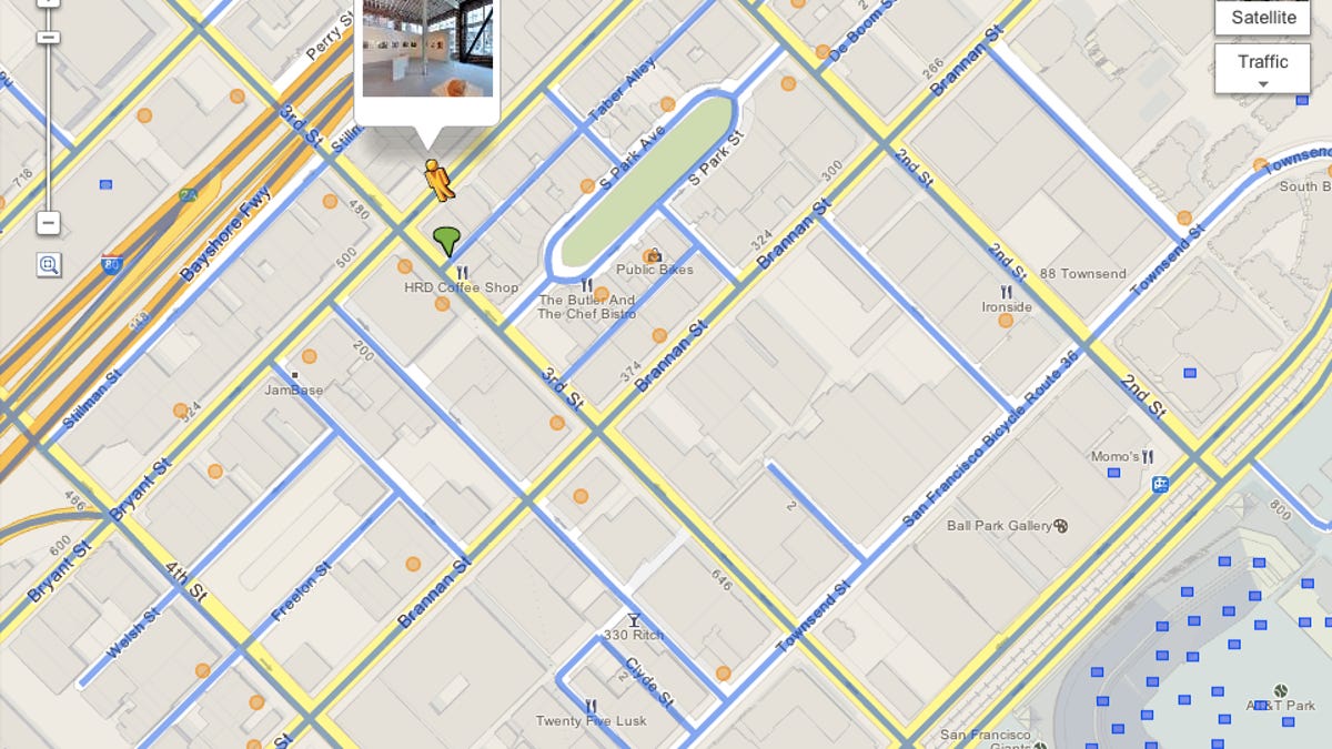 Placing the Pegman on an orange dot will give you a panoramic look at a business.