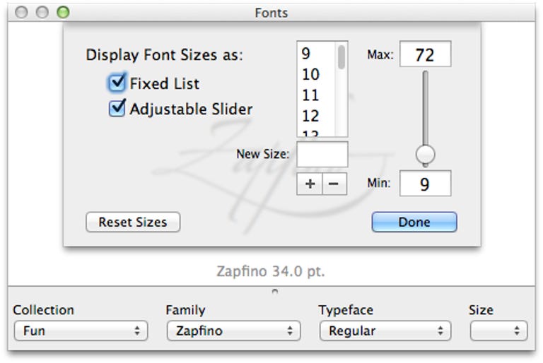 Font size settings for the OS X Font panel