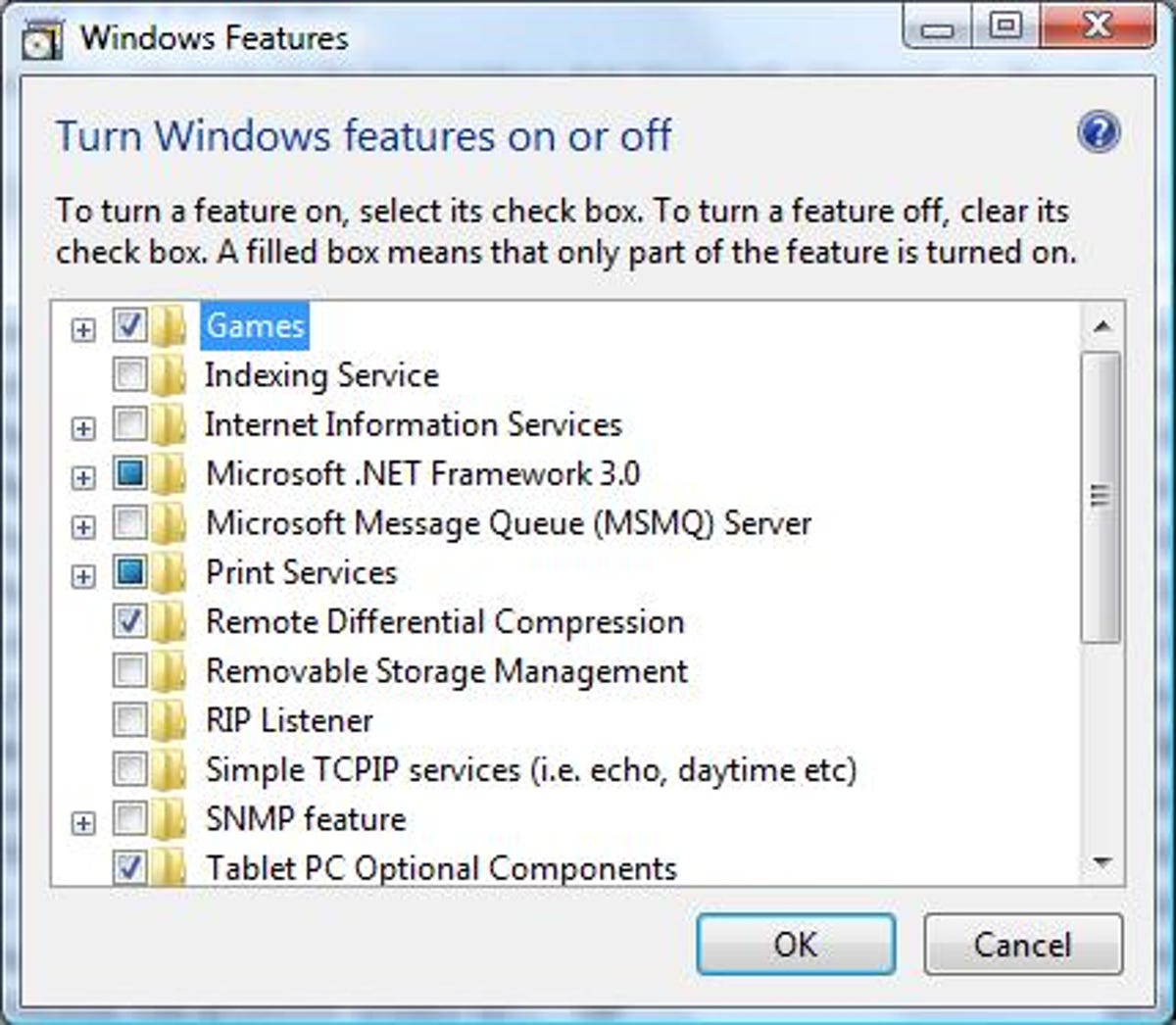The Windows Features settings in Vista's Programs and Features applet