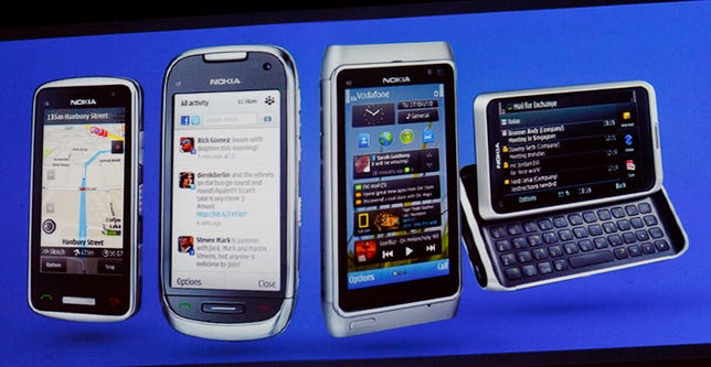 Nokia's new Symbian phone lineup has three new phones. From left to right are the new C6, the new C7, the previously announced flagship N8, and the new E7.