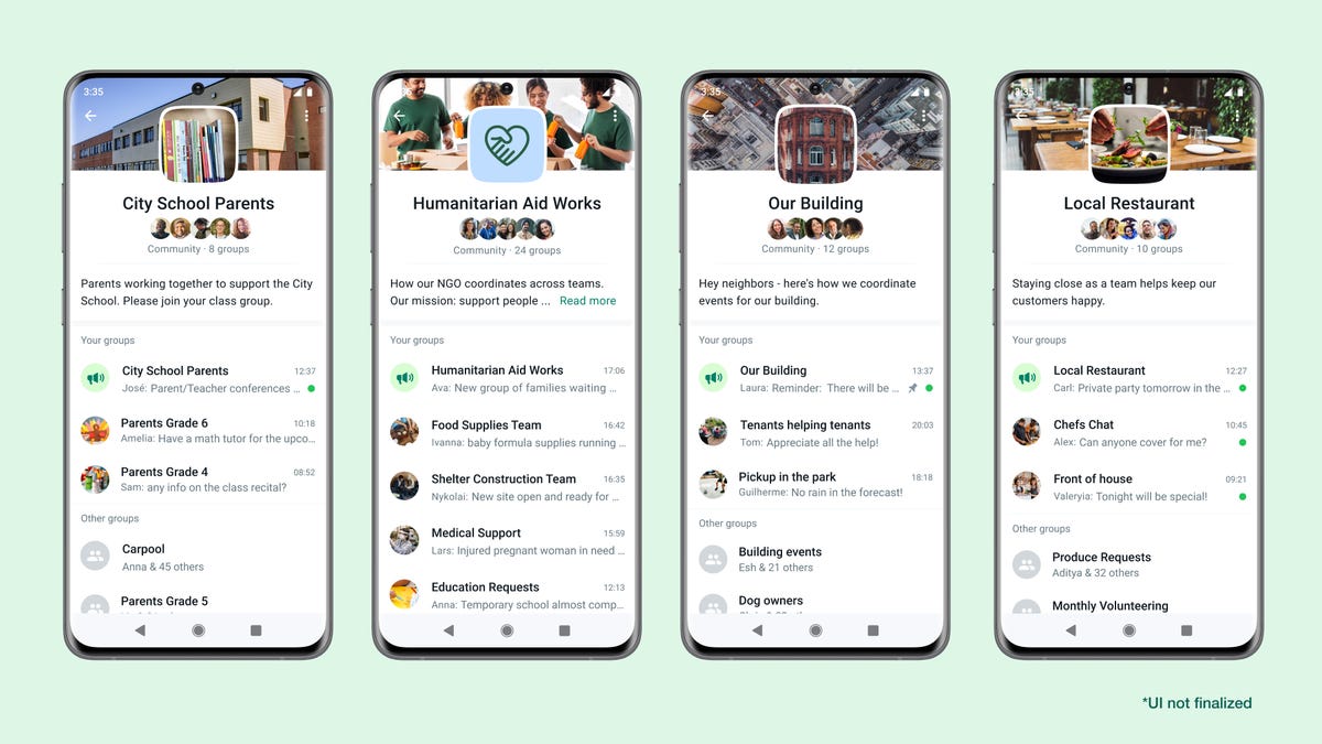 WhatsApp introduced Communities, a new organizational umbrella for schools and neighborhoods. Shown is the non-finalized user interface for Communities, which has an image at the top, participating members, and a list of groups as sub-conversations.