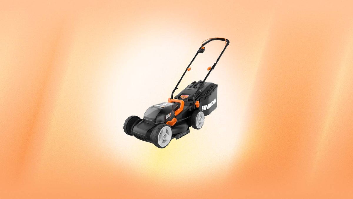 A black and orange Worx lawnmower against an orange background.