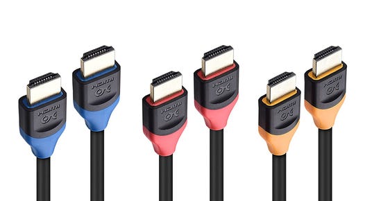 3 Cable Matters HDMI Cables in blue, red, and orange.
