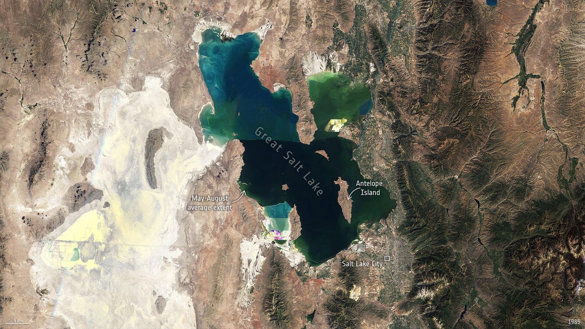 Great Salt Lake in Utah in satellite view from 1985 shows a dark blue and green expanse against a brown landscape.