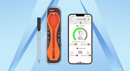 The ThermoPro TempSpike 500-foot wireless meat thermometer and the accompanying app are displayed against a blue background.