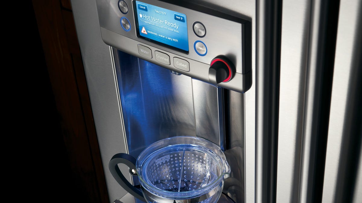 Don't tell the tea kettle: this GE Cafe Series French Door Refrigerator features a hot water dispenser.