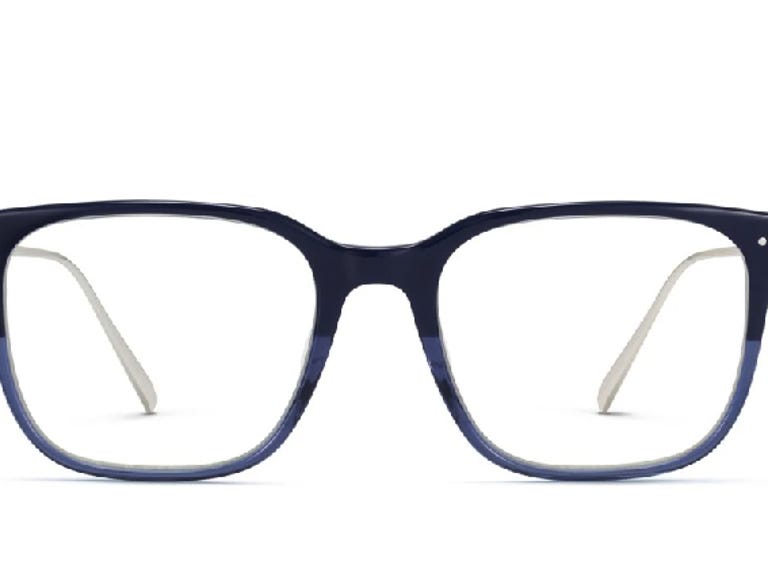 Pair of blue Warby Parker glasses.