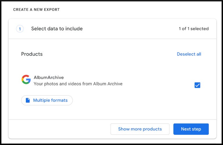 screenshot of Google Takeout step for selecting which data to export