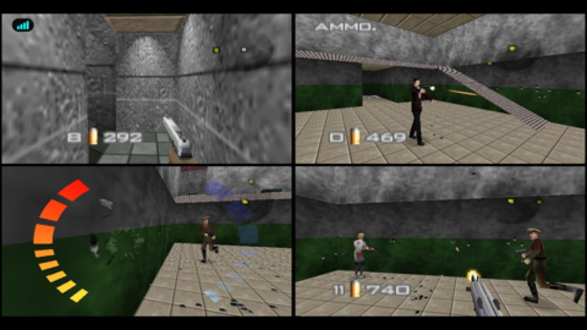 Characters battle in a four-player splitscreen match in GoldenEye 007