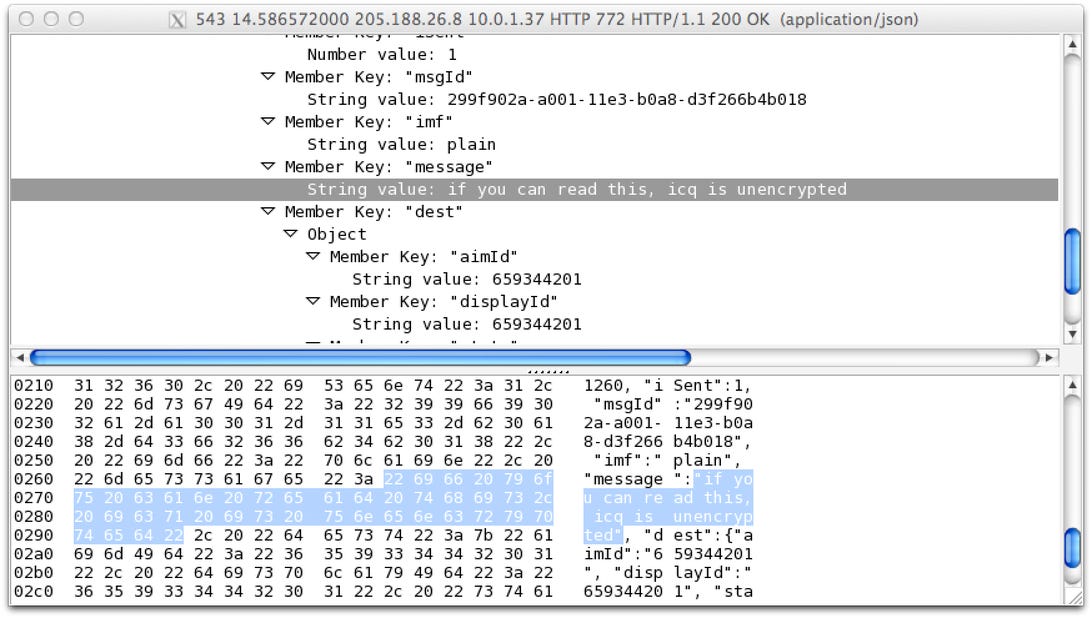 ICQ messages were also unencrypted, as you can see in the above screen capture from the Wireshark packet analyzer. AOL's AIM client leaked metadata about who's talking to whom.