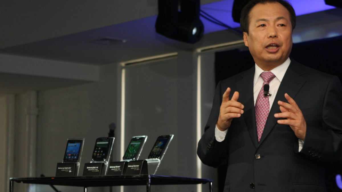 Samsung's J.K. Shin unveils the Galaxy S series at an event New York.