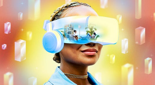 Illustration of a woman wearing a VR headset that's transparent, showing two people talking in a therapist's office