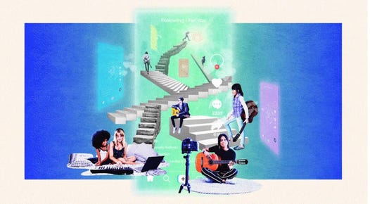Illustration showing young musicians with guitars and keyboards, plus stairs indicating ascent toward musical success