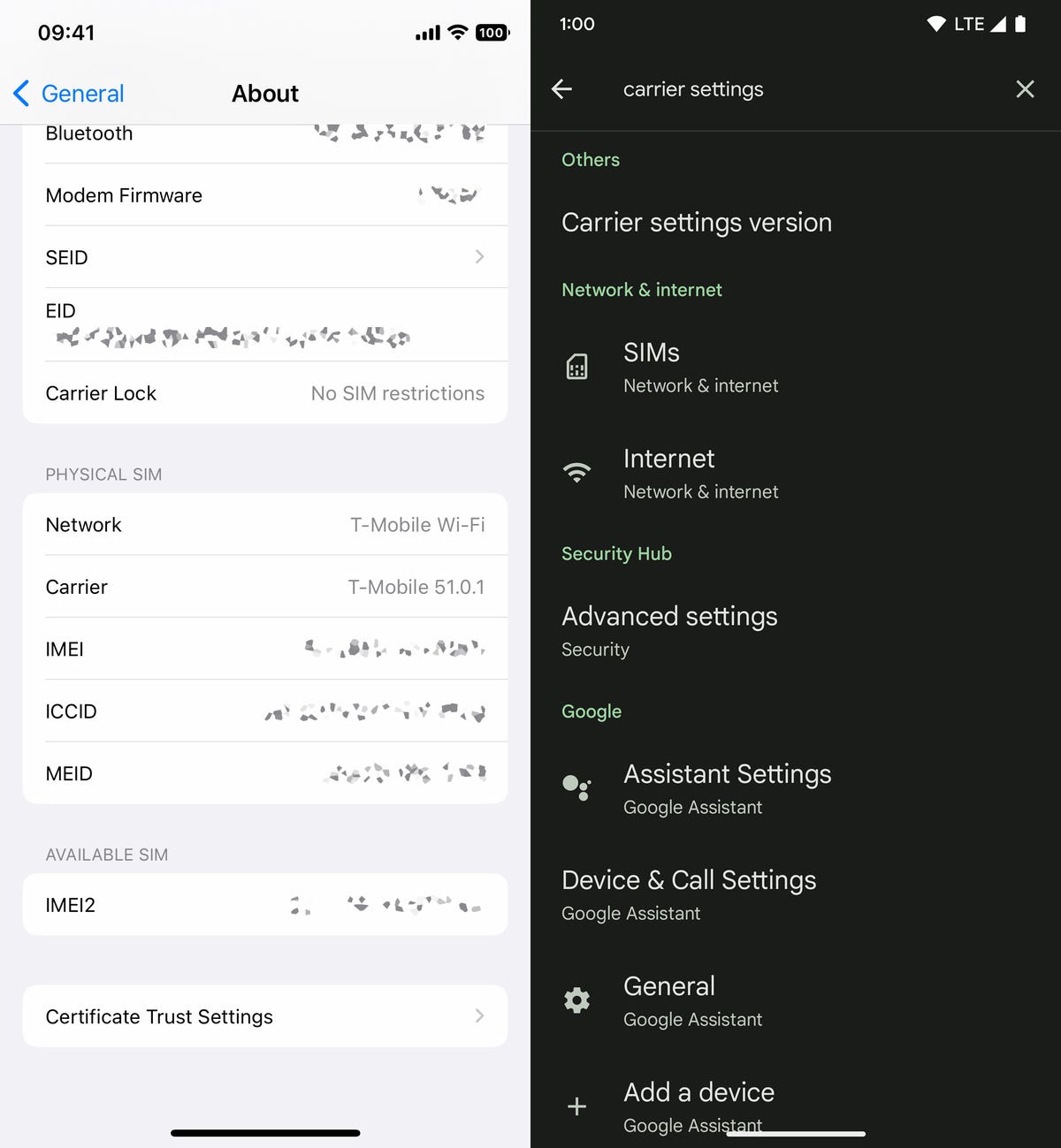 Carrier settings on iOS and Android