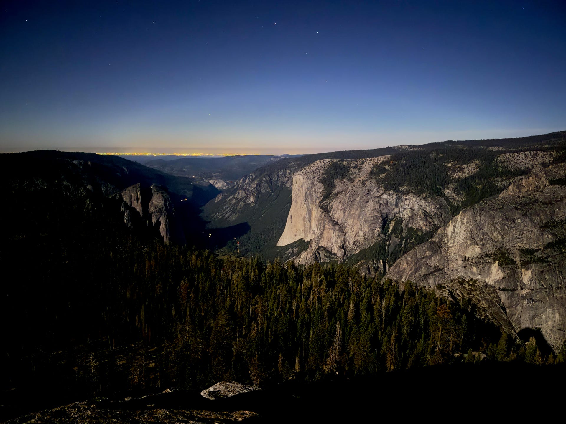 Looking down into the Yosemite Valley from the top of Sentinel Dome at night.