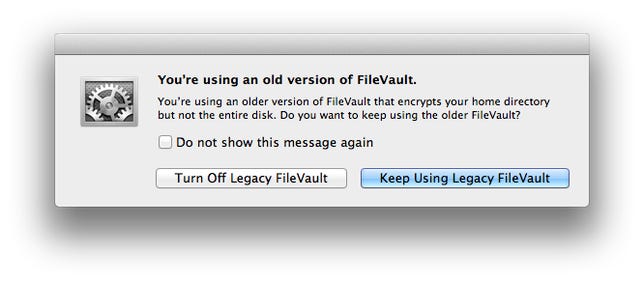 Legacy FileVault warning