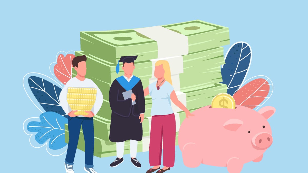An illustration of a college graduate with parents next to a piggy bank and in front of huge stacks of money