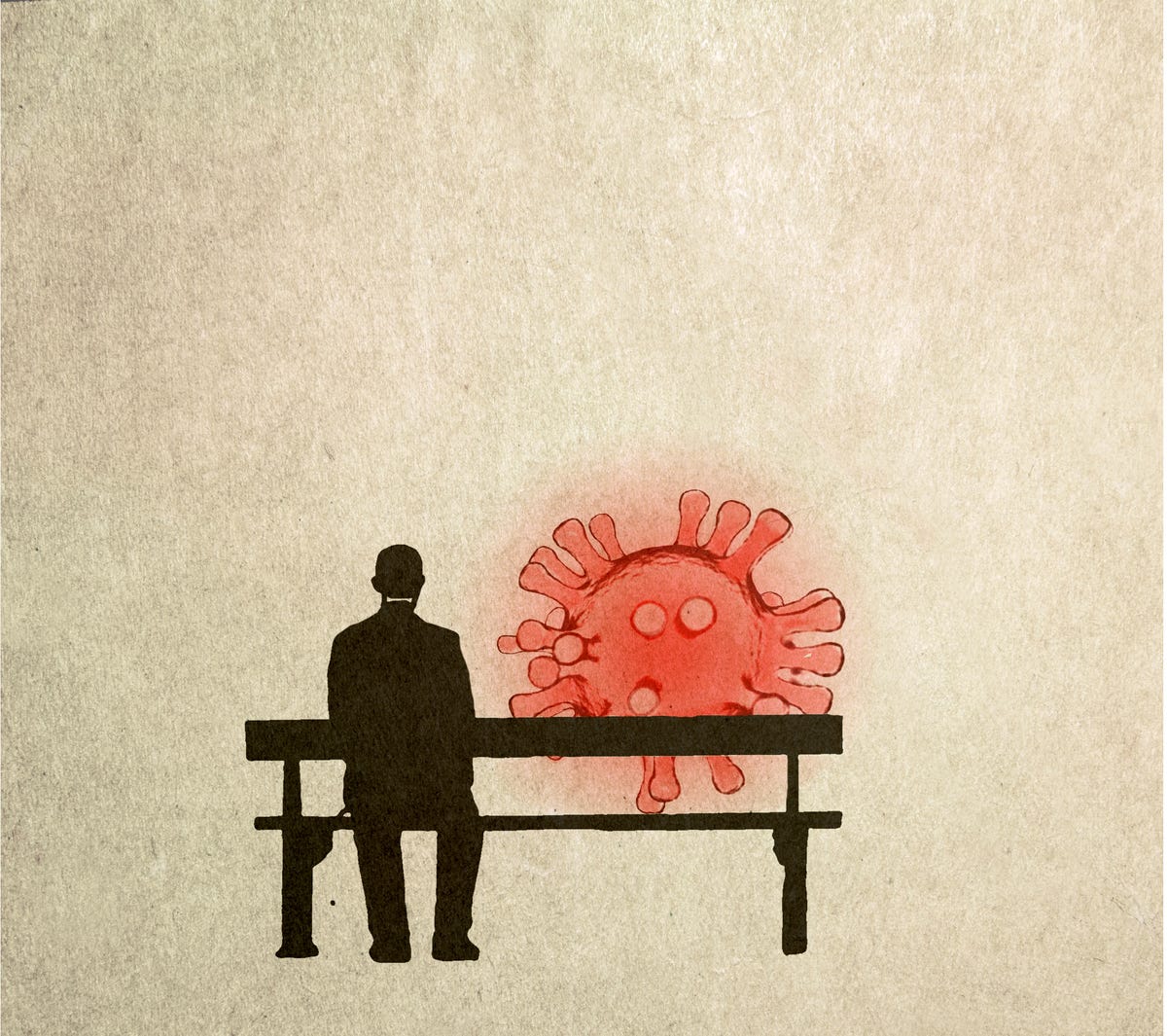 An illustration of a man sitting on a bench with a COVID virus particle looming in the distance