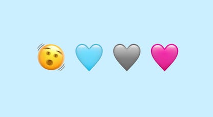 A sideways-shaking head emoji and three heart emoji in light blue, grey and pink