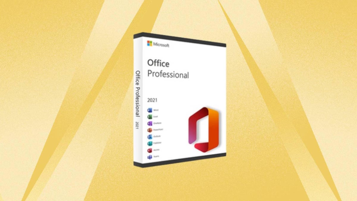 The Office Professional for Windows software box is displayed against a yellow background.