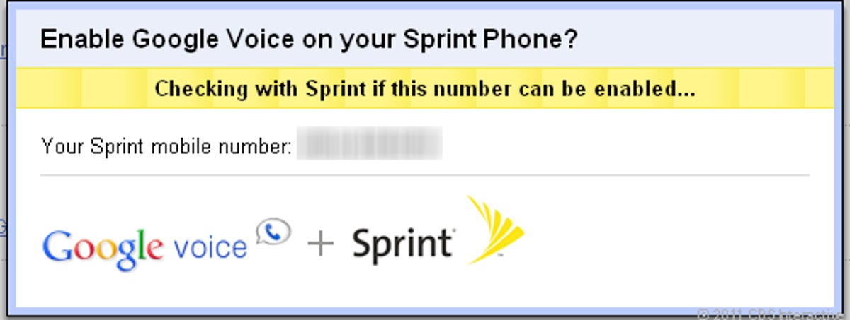 Prompt to enable Google Voice with your Sprint number