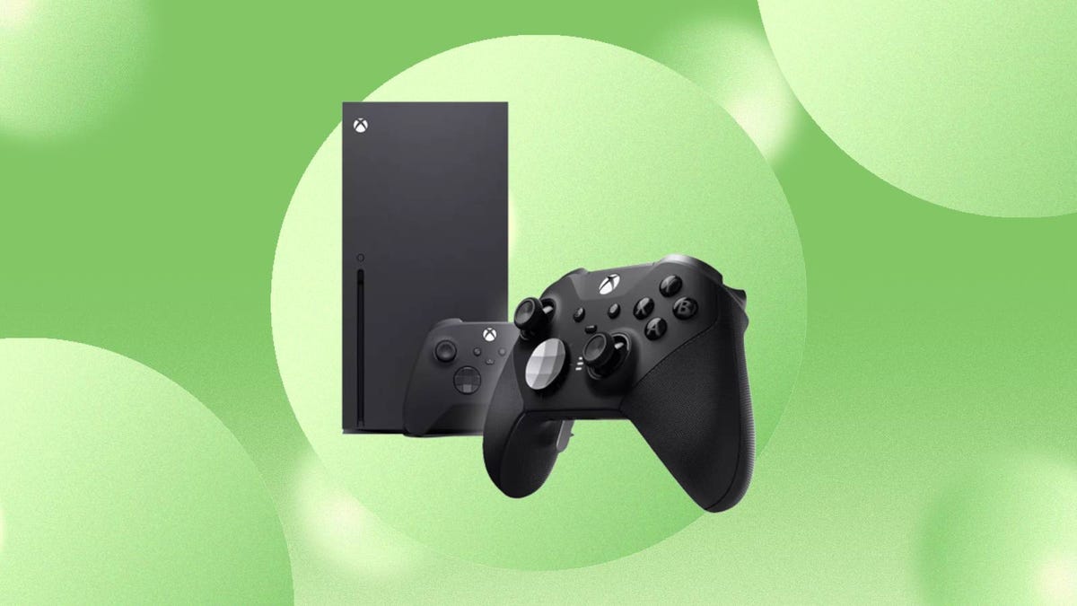 The Xbox Series X console and the Elite 2 controller are displayed against a green background.
