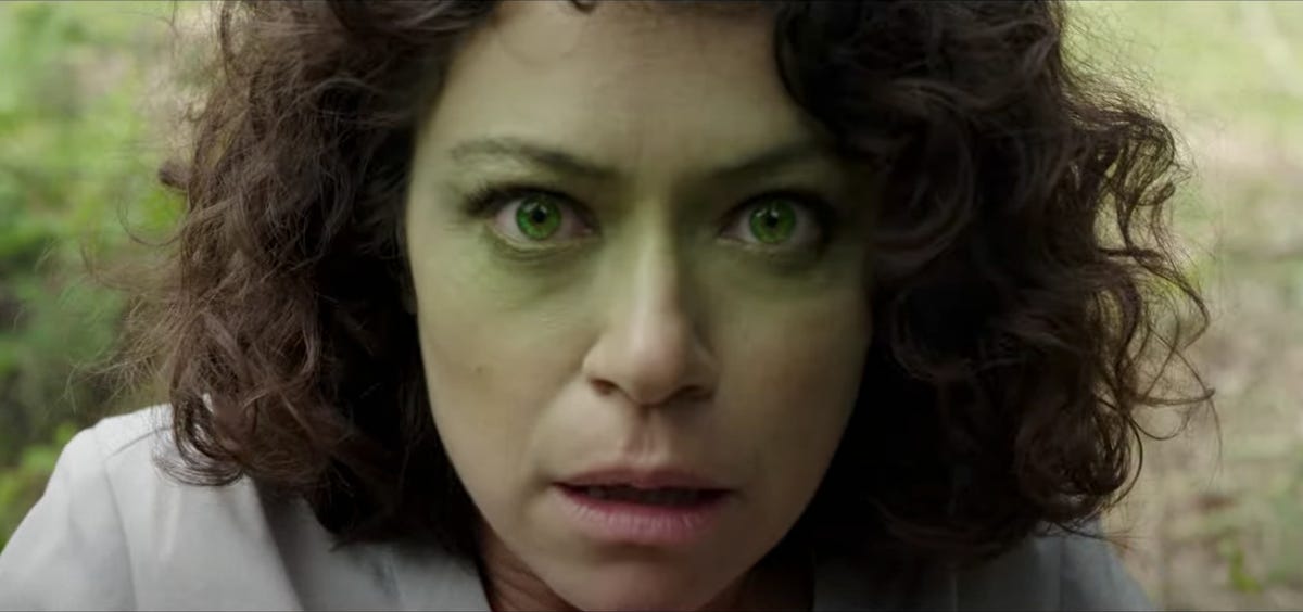 A close-up of Tatiana Maslany's face as she begins to turn into She-Hulk