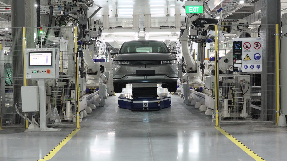 A Hyundai Ioniq 5 passes through the final stages of assembly
